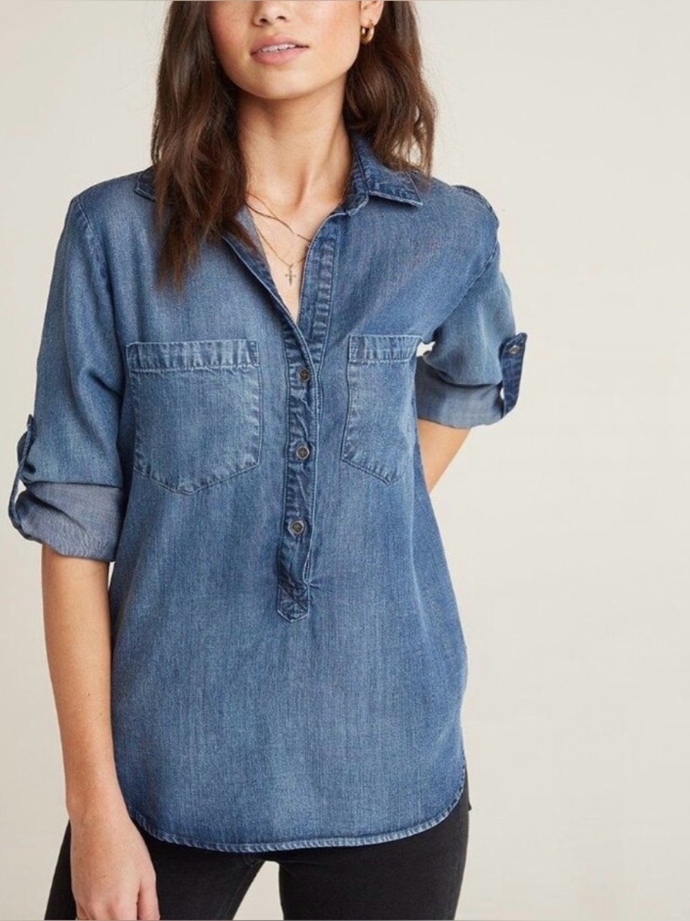 Cloth Stone Chambray Roll Tab Sleeve Popover Denim Blue Shirt
